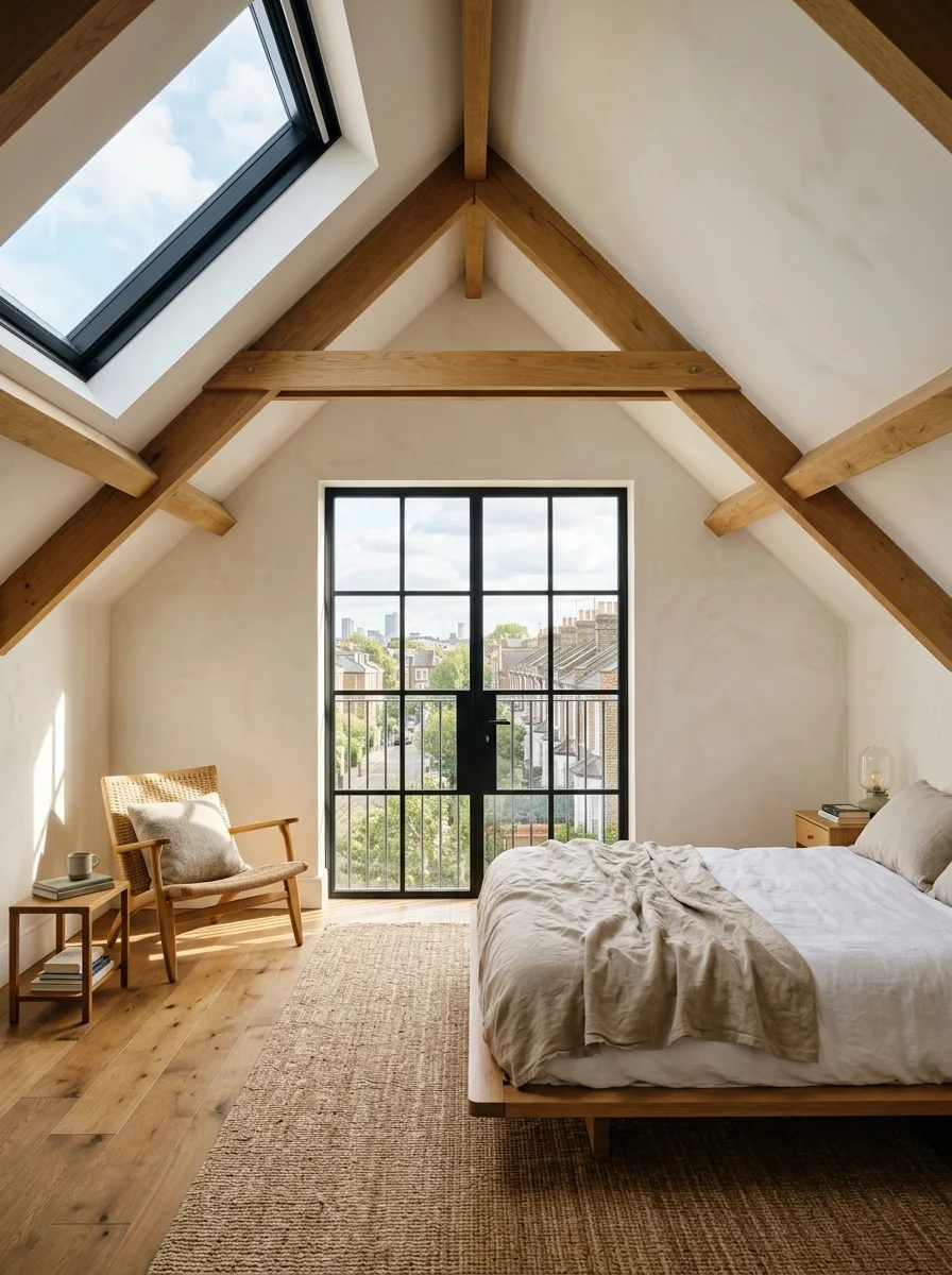 Bright loft conversion bedroom in Wandsworth with exposed timber beams and natural light