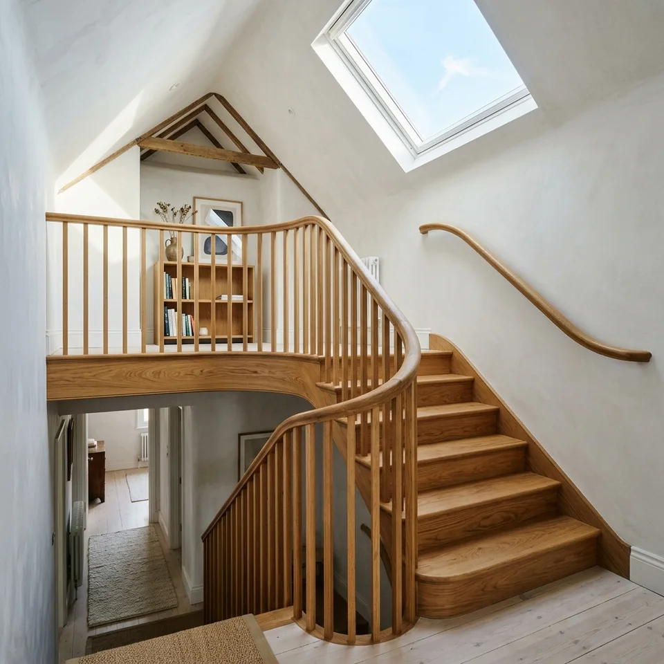 Bespoke curved oak staircase leading up to a bright loft conversion landing
